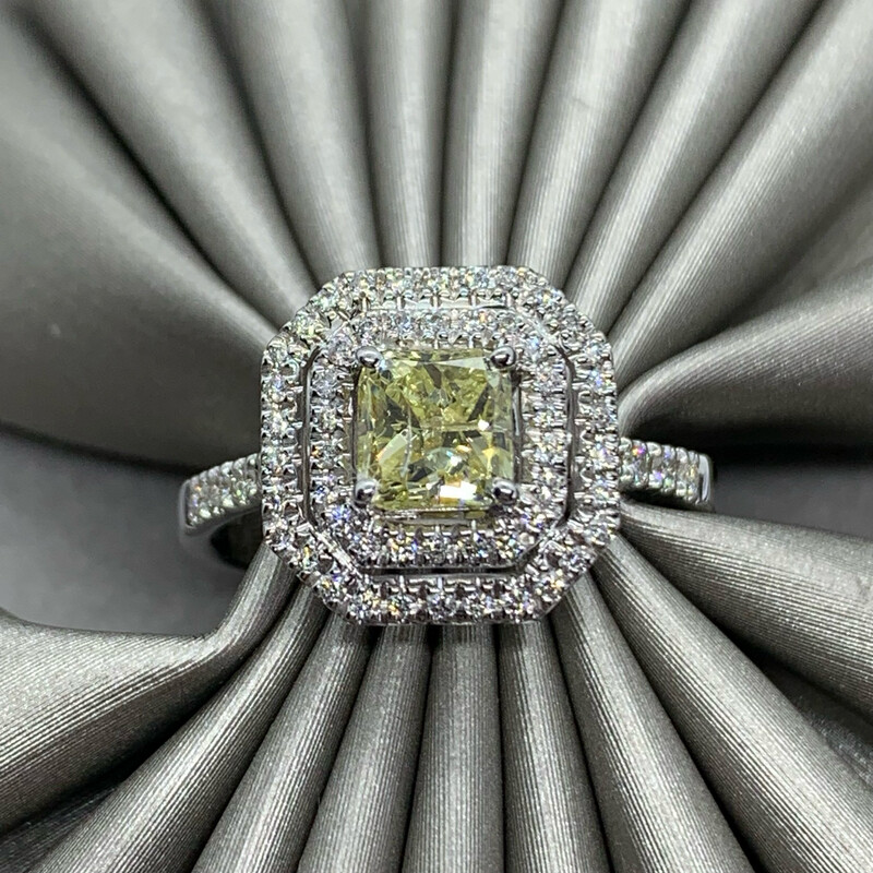 Halo Diamond Ring Fancy Yellow and White Diamonds