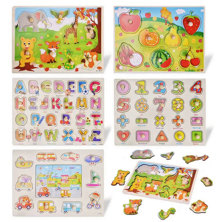 5 Packs Wooden Puzzles Peg Puzzles Learning Toys Alphabet