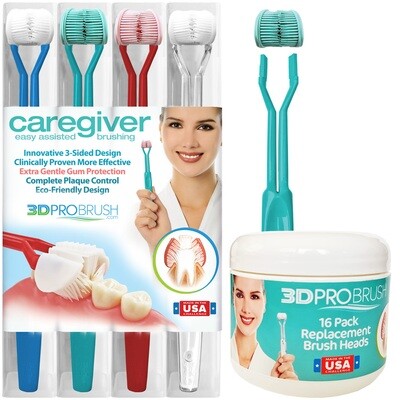 3-Sided Toothbrush - Caregiver Assisted Brushing | 4-Pack + 16 Replacement Heads | Made in USA