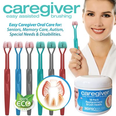 3-Sided Toothbrush - Caregiver Assisted Brushing | 6-Pack + 18 Replacement Heads | Made in USA