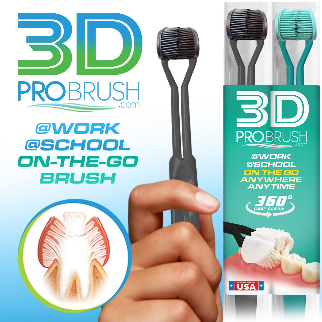 3D PRO BRUSH * 3-Sided Toothbrush | 2PK 360 Deep Clean + 3X Plaque Control USA