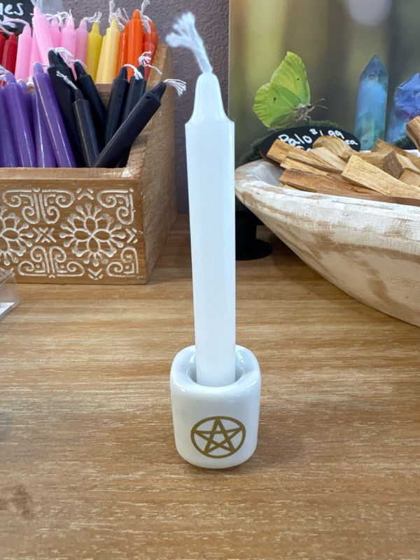Ceramic Chime Candle Holder, Pentacle, Candle Holder , Altar: White