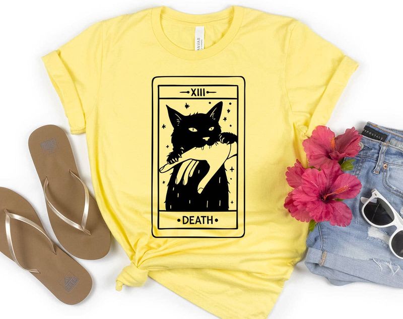 Tarot Death Black Cat Cute Funny Witchy Graphic T-Shirt: Yellow, M