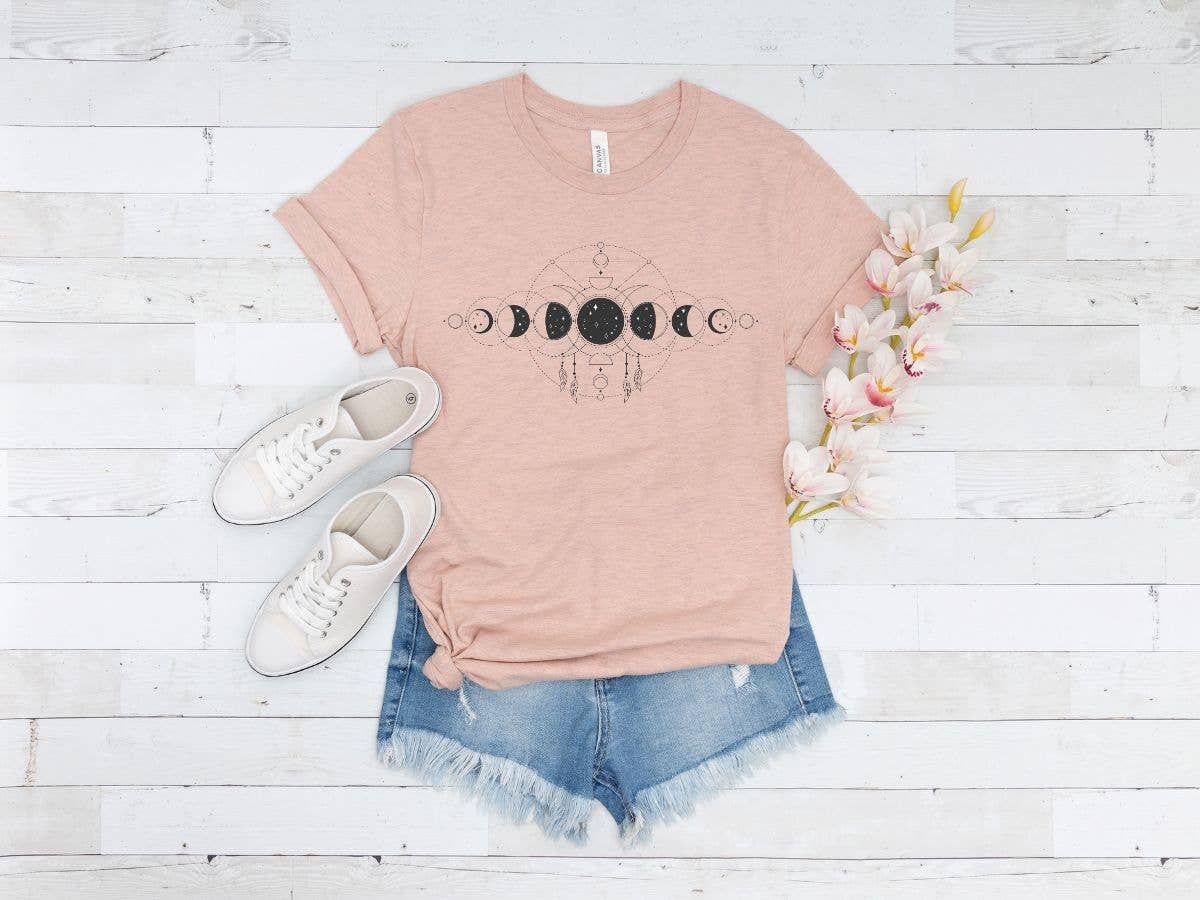 Moon Phase Boho T Shirt: Prism Peach, M