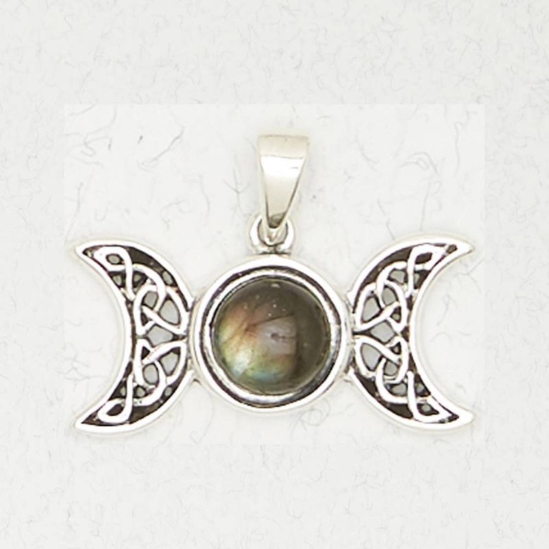 Sterling Silver Pendant – Triple Moon w Celtic Knot &amp; Stone: Sterling Silver, Moonstone