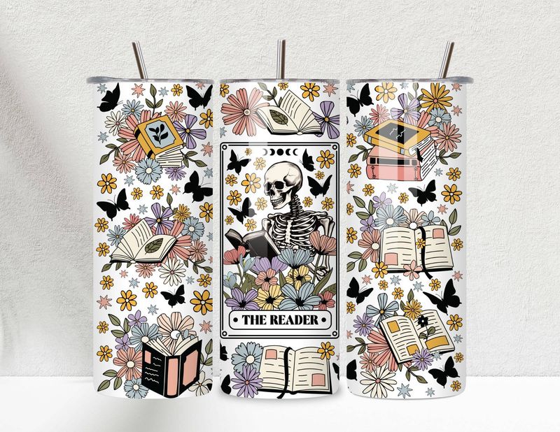 The Reader Tarot Skeleton Books 20oz Skinny Tumbler