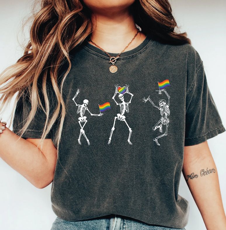 Skeleton Pride Shirt, Rainbow LGBTQ Shirt: M