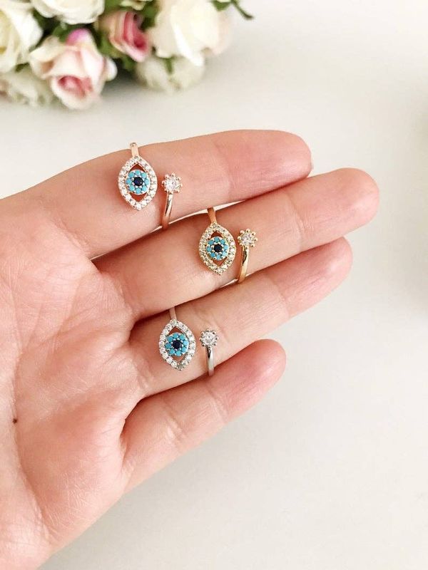 Adjustable Evil Eye Ring, Zircon Evil Eye Ring, Rose Gold Silver Ring: Silver