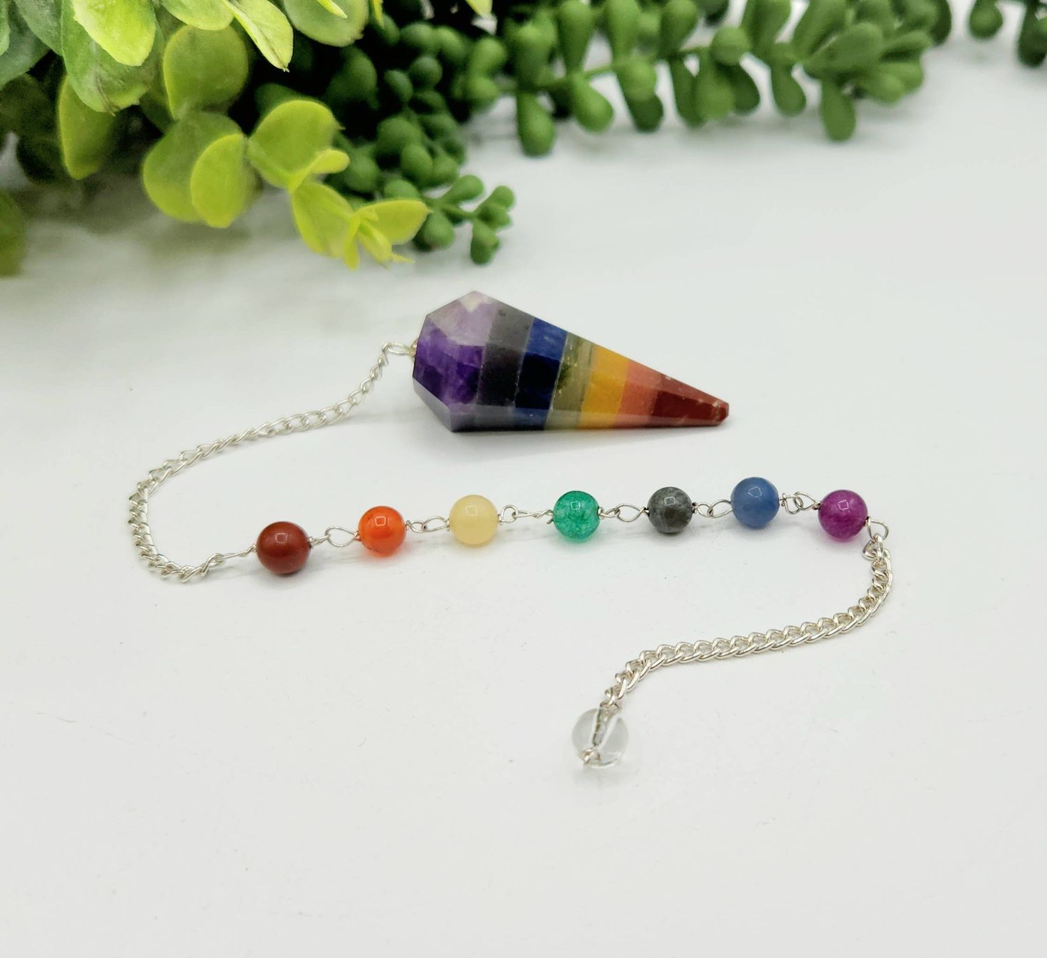 Seven Chakra Pendulum w/Chakra Beads-Silver Plated Chain