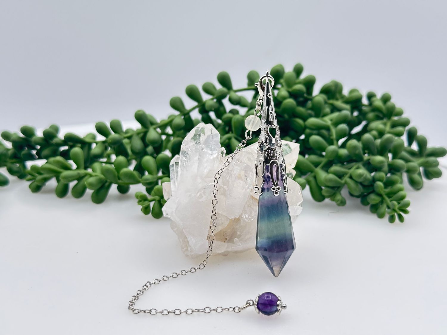 Rainbow Fluorite Gemstone Art Deco Silver Color Pendulum