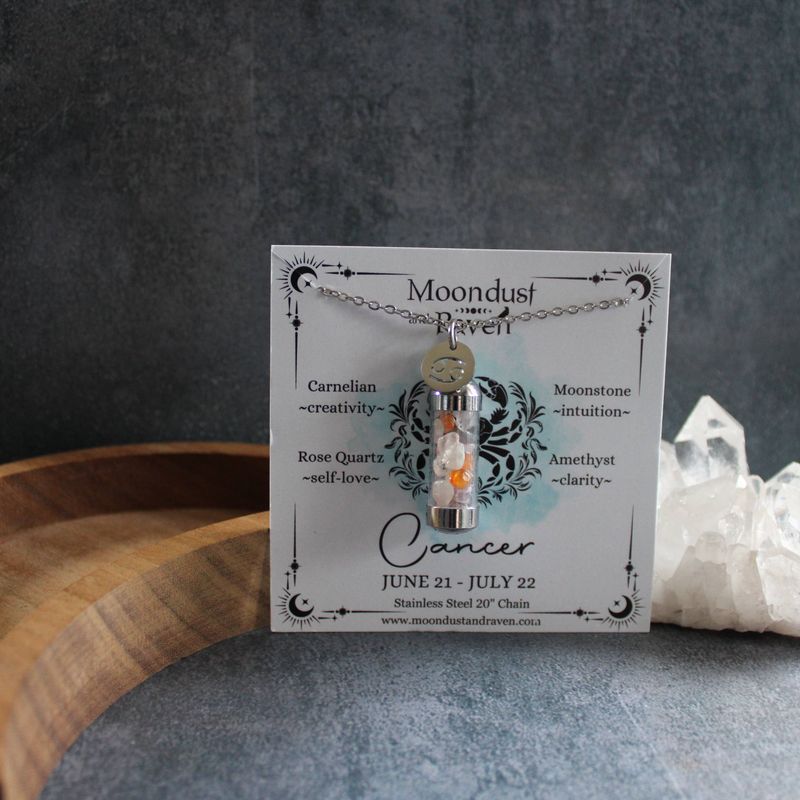 Cancer Crystal Vial Necklace, Zodiac Astrology Witchy Gift