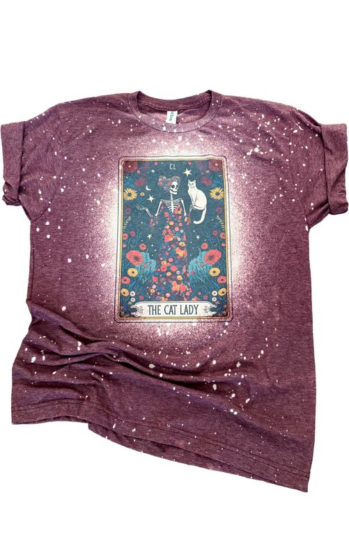 The Cat Lady – Skeleton Tarot Card Bleached Tee: Maroon, S