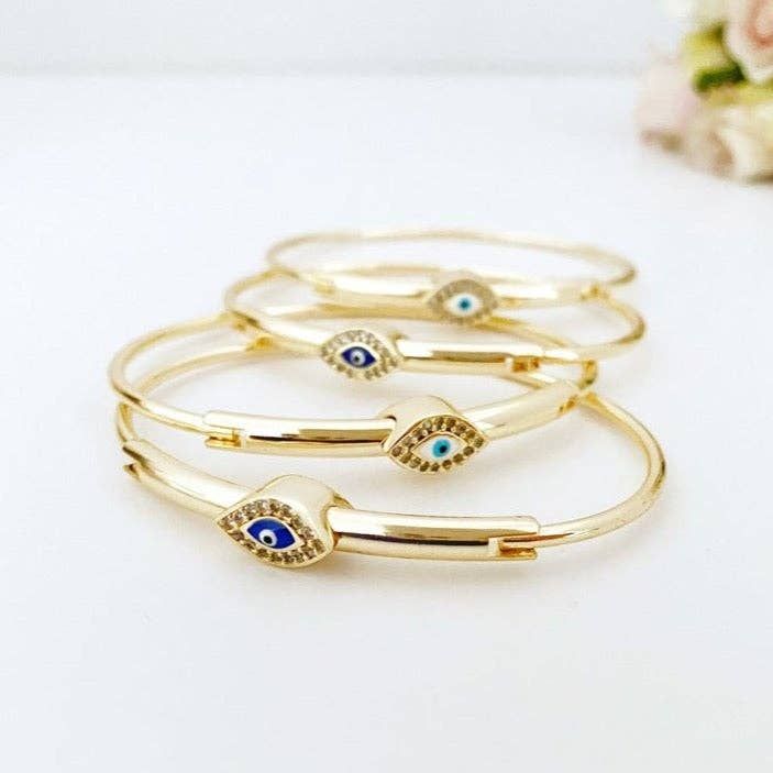 Evil Eye Bracelet, Gold Screw Bracelet, Cuff Bracelet, Blue Evil Eye: White