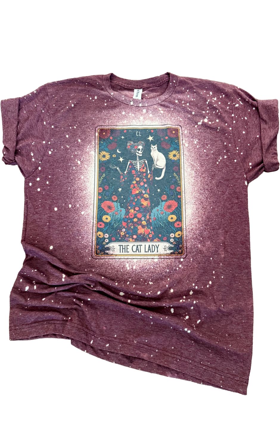 The Cat Lady – Skeleton Tarot Card Bleached Tee: Maroon, L