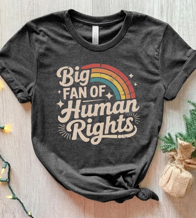 Big Fan of Human Rights Tee, Retro Rainbow Graphic: L