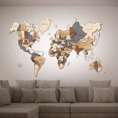 Weltkarte 3D mehrfarbig aus Holz - verschiedene Ausführungen