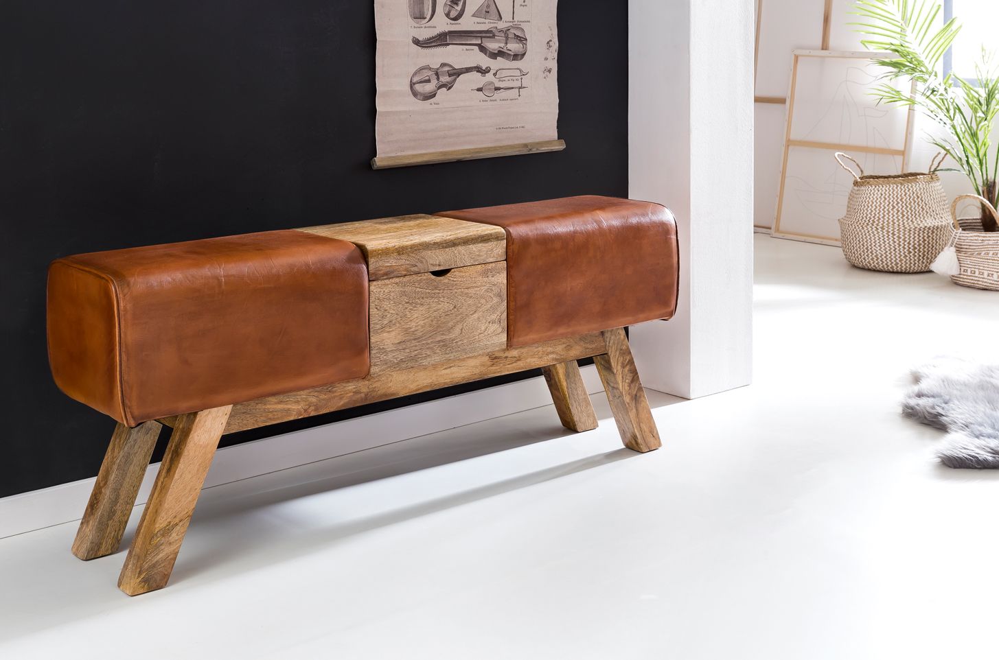 Sitzbank BENCH mit Aufbewahrungsfach 120 x 29 x 53 cm, Turnbank aus Echtleder mit Klappfach