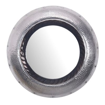 Wandspiegel 74 cm Metall Design Hängespiegel Silber, Aluminium Dekospiegel Rund mit Rahmen Hammerschlag, Spiegel Wand Groß, Flurspiegel Garderobenspiegel Modern