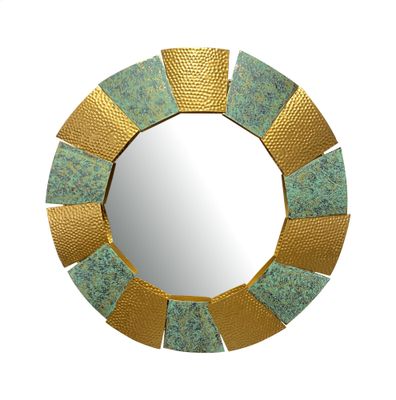 Wandspiegel Modern 63 cm Metall Design Hängespiegel Burnt Gold, Eisen Dekospiegel Rund Ausgefallen, Hammerschlag Spiegel Wand Groß, Flurspiegel Garderobenspiegel Modern