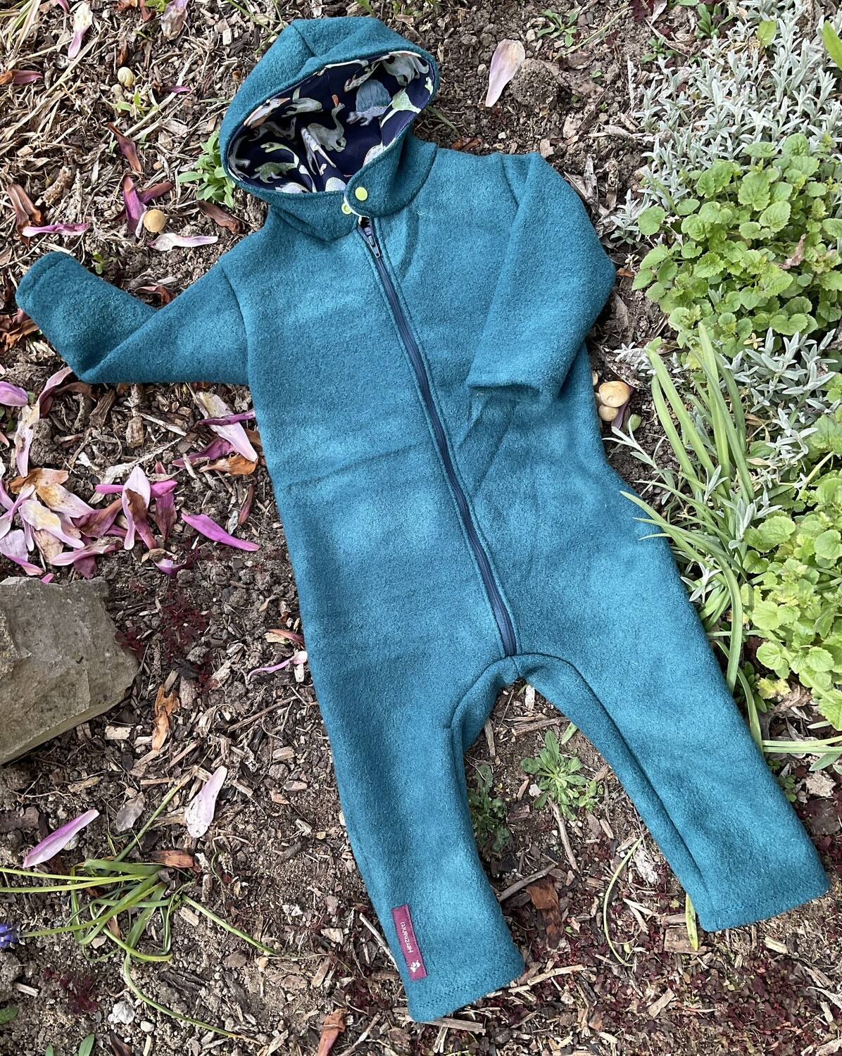 Wollwalk Overall "Herr Bert" Gr. 86 in petrol mit Jersey Dino