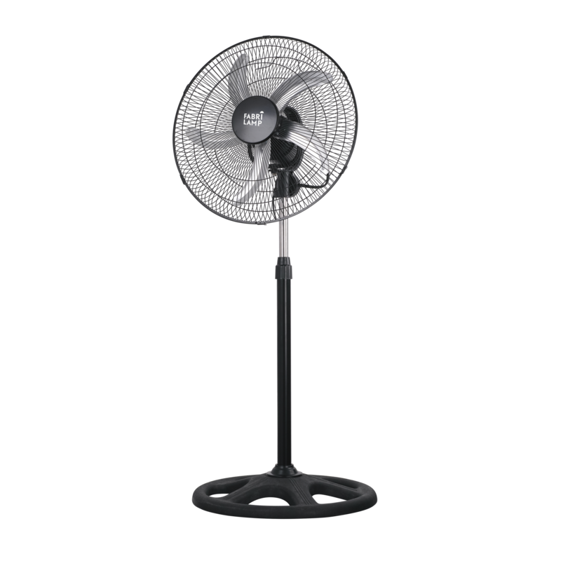 VENTILADOR DE PIE REFORZADO NEGRO 3 VEL. 75W 5 ASPAS ALUMINIO PLATA GIRO 360 REGX50X50 CM