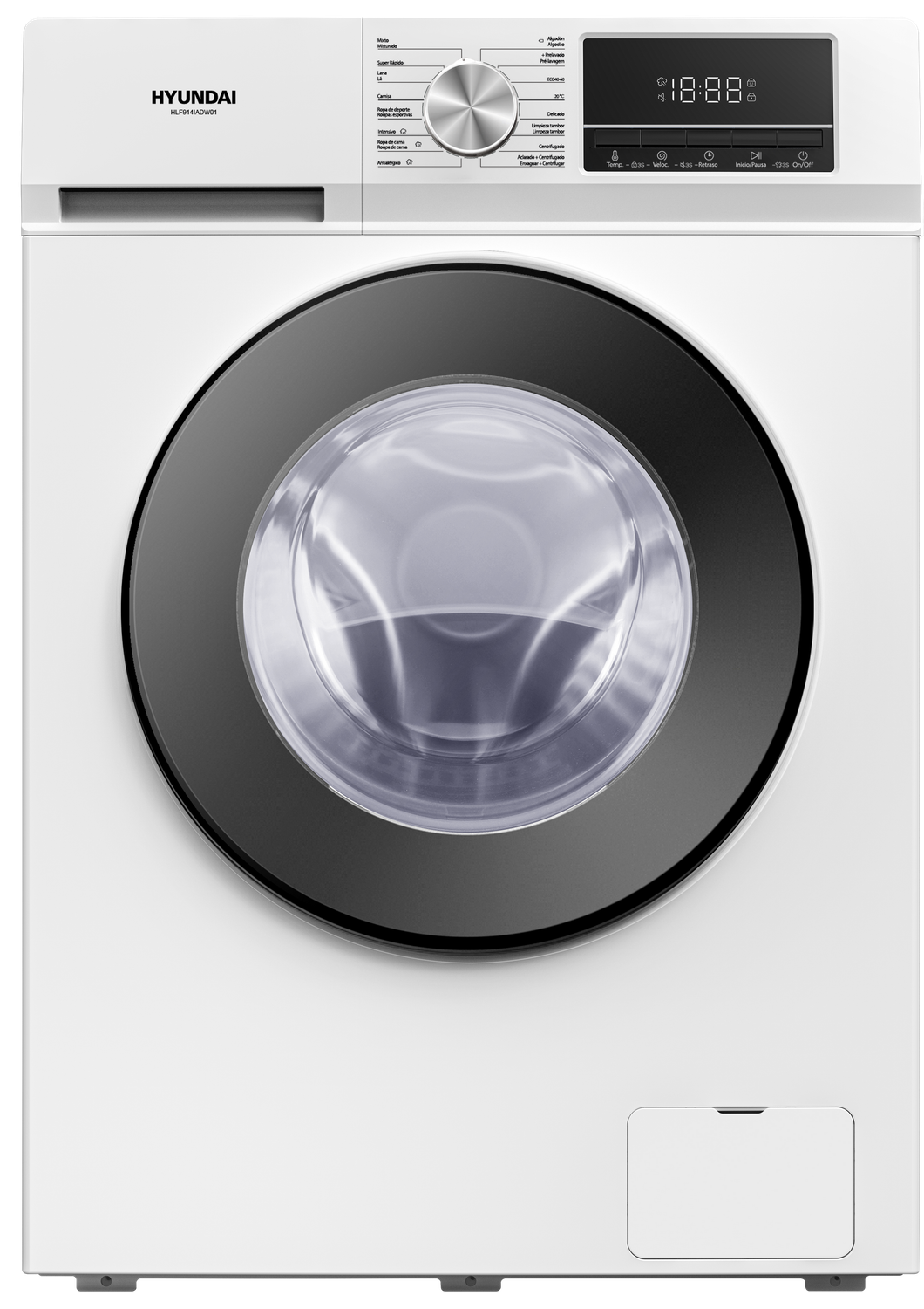 Lavadora C.Frontal Hyundai Inverter 9 kg 1400 rpm Clase A. Blanco. Big Door. Display, Vapor