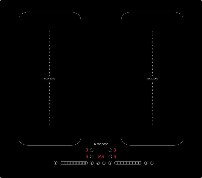 Placa de Inducción Aspes 60 cm 4 zonas con Doble Flexizone Cristal negro Slider táctil Booster