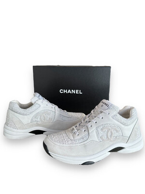 Chanel Iridescent Cotton Tweed Suede Womens CC Sneakers