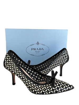 Prada Black and White Leather Woven Pumps