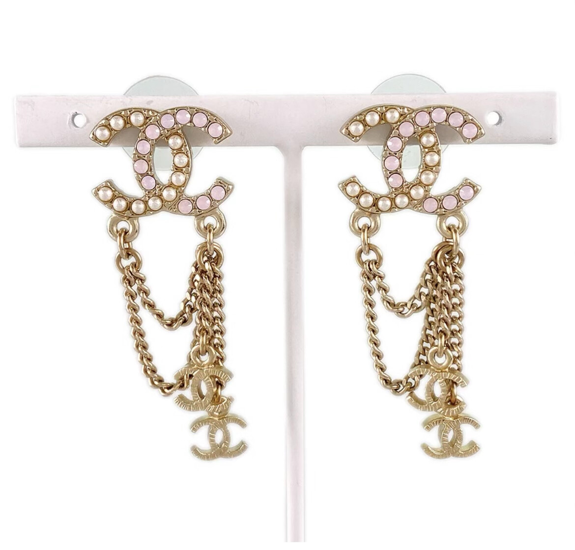 Chanel Gold CC Pastel Pink Crystal Pearl Chain Dangle Piercing Earrings