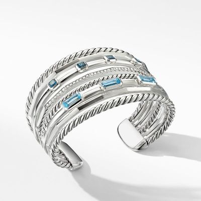 David Yurman Stax Wide Cuff Bracelet with Blue Topaz and Diamonds