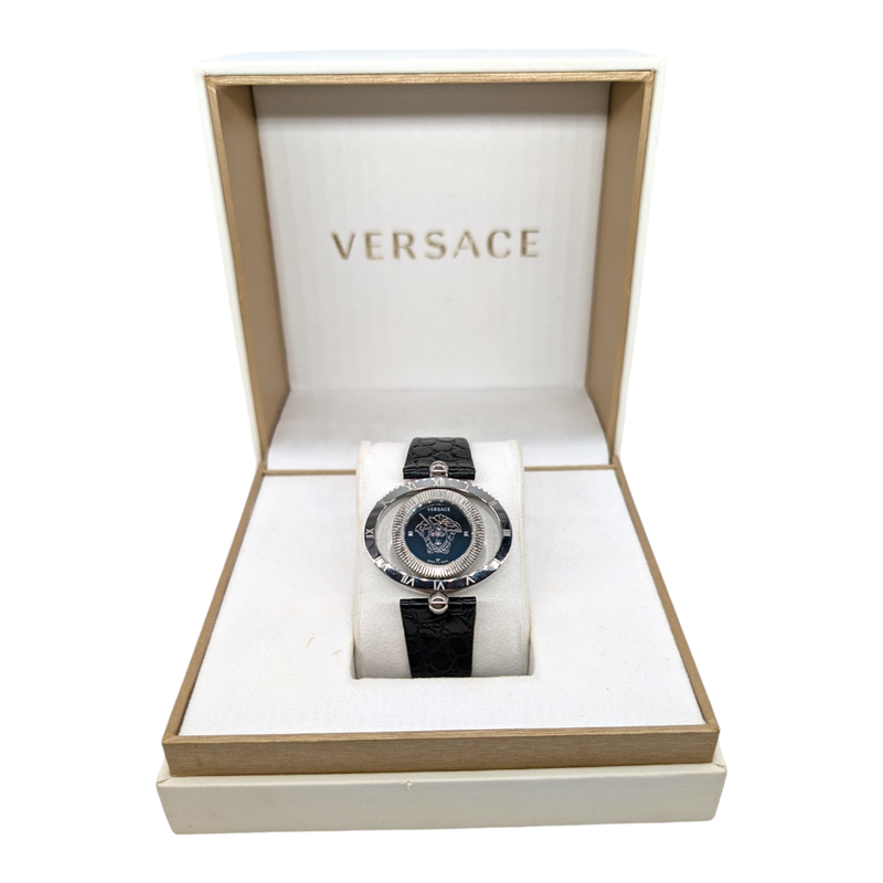 Versace Black Stainless Steel Leather Eon Ellipsis Watch