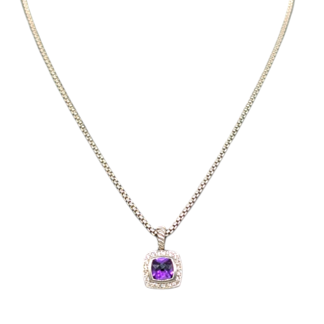 David Yurman Sterling Silver Diamond Amethyst Pendant Necklace