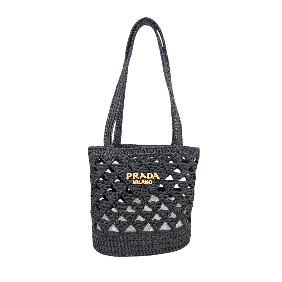 Prada Black Crochet Raffia Small Tote Bag