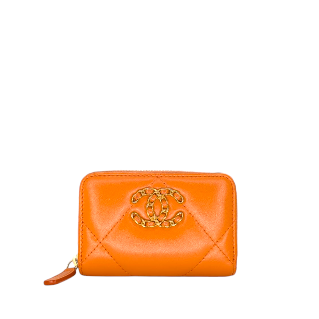 Chanel Lambskin Quilted Chanel 19 Zip Card Holder Wallet