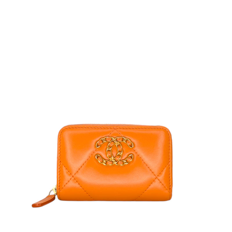 Chanel Lambskin Quilted Chanel 19 Zip Card Holder Wallet