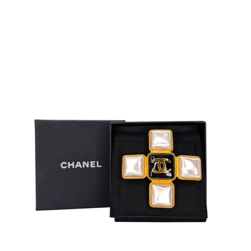 Chanel Vintage Faux Pearl &amp; Enamel Cross Brooch