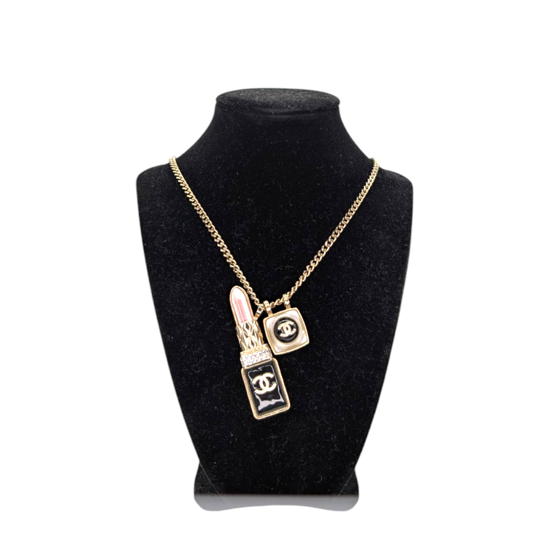 Chanel  Metal Strass Pearl Lipstick Pendant Necklace