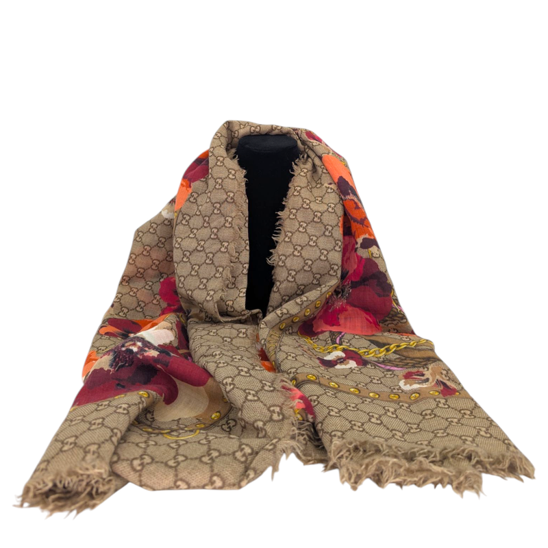 Gucci Beige GG Floral &amp; Chain Print Wool Scarf