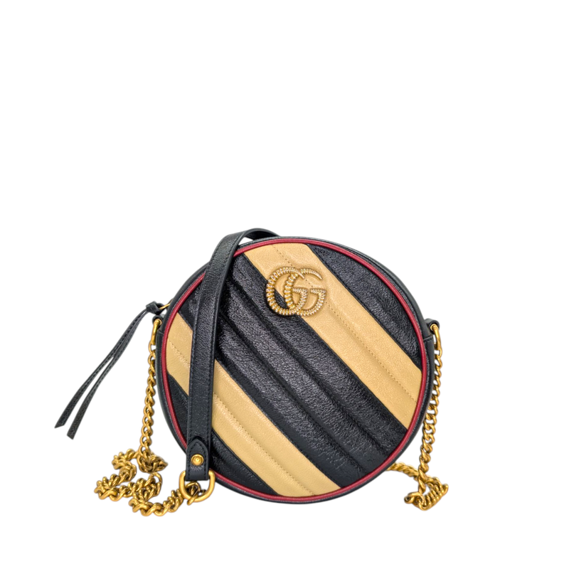 Gucci  Azalea Calfskin Matelasse Diagonal Patchwork Mini Torchon GG Marmont Round Shoulder Bag