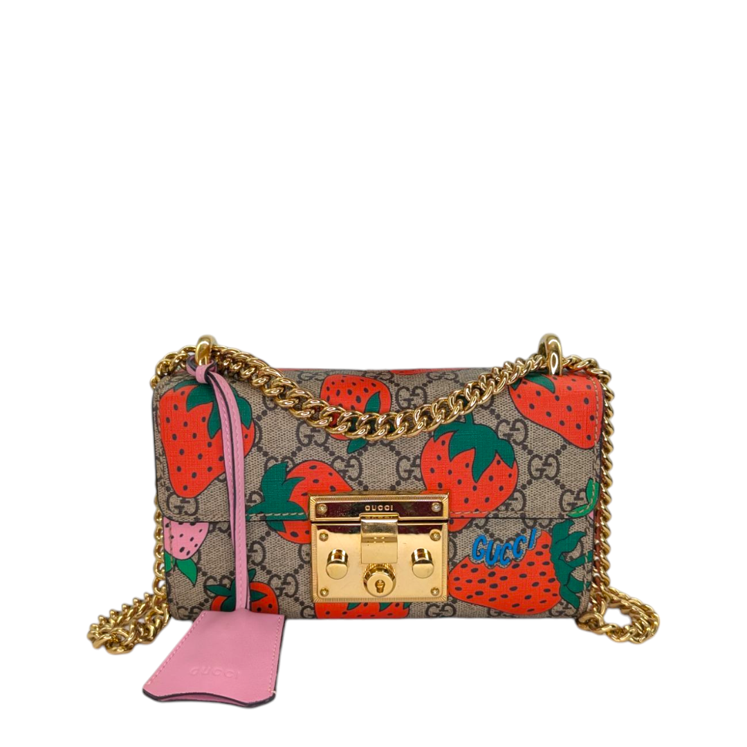 Gucci  GG Supreme Monogram Strawberry Small Padlock Shoulder Bag