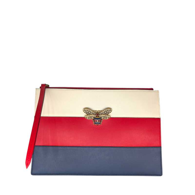 Gucci  Calfskin Striped Oversized Bee Zip Pouch