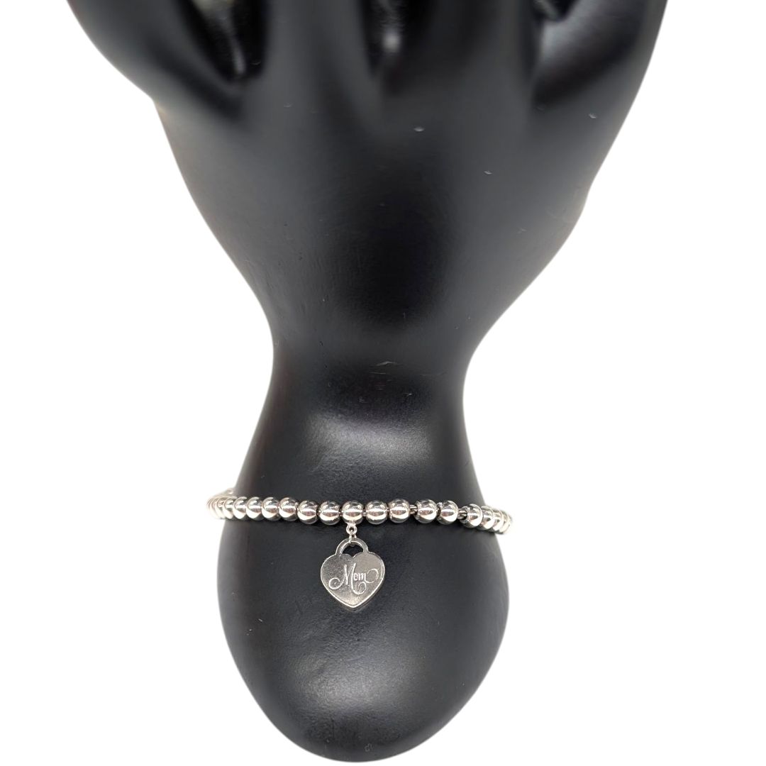 Tiffany  Sterling Silver 4mm Mom Heart Tag Bead Bracelet
