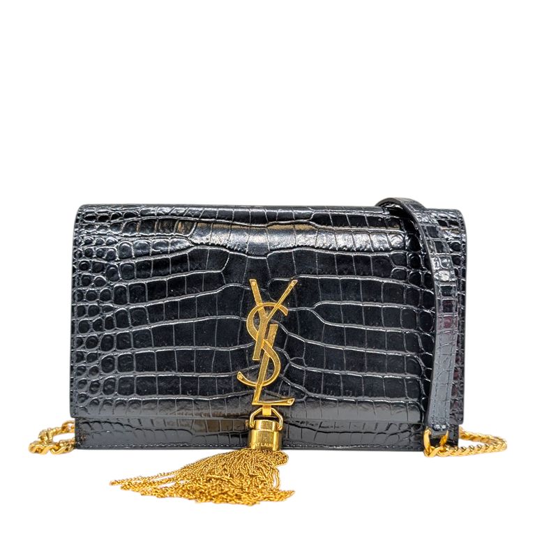 Saint Laurent  Calfskin Crocodile Embossed Kate Monogram Tassel Chain Wallet