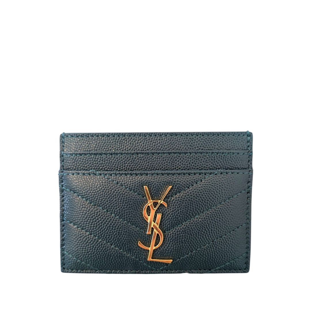 Saint Laurent Grain De Poudre Matelasse Card Holder (Peacock Green)