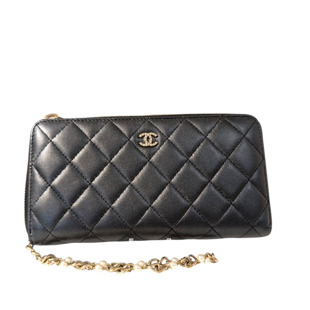 Chanel Lambskin Zip Around Large Gusset Wallet With Pearl Chain