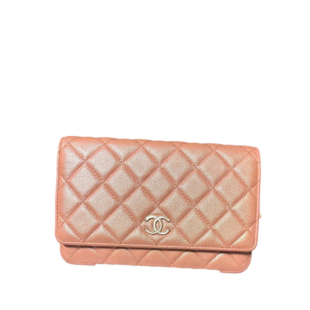 Chanel Iridescent Caviar Quilted Wallet On Chain (Peach)