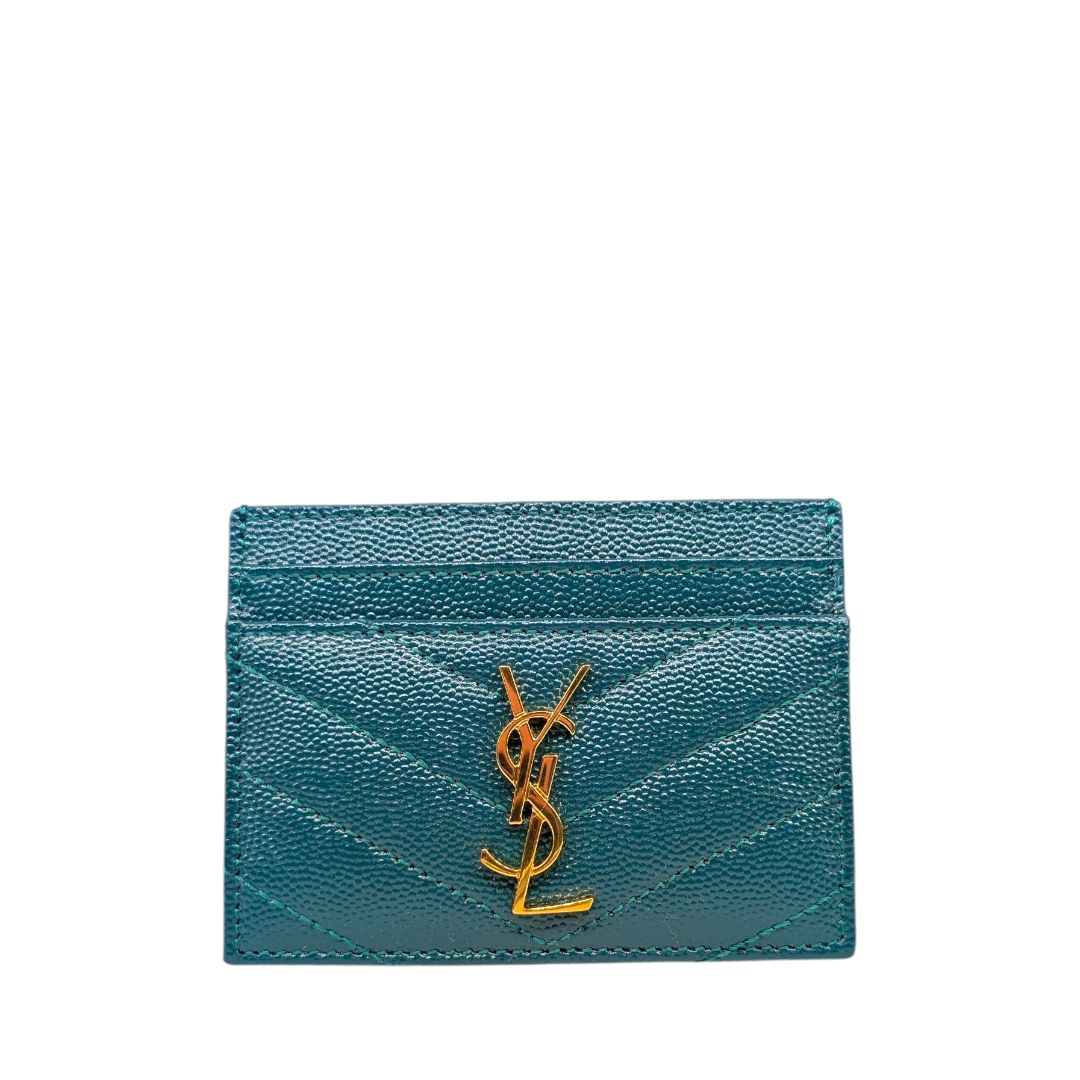 Saint Laurent Dark Teal Grain De Poudre Matelasse Cheveron Card Holder