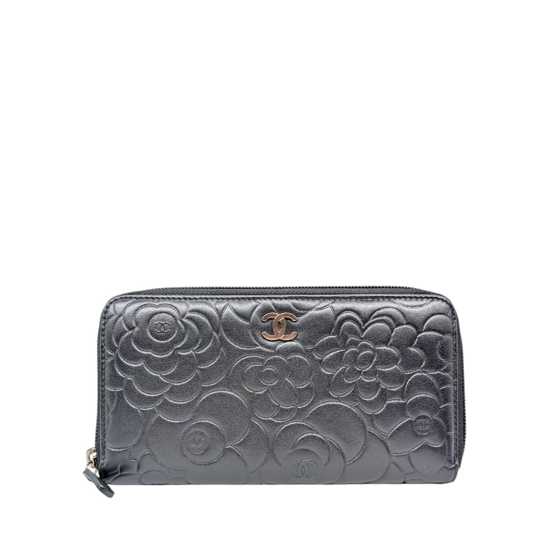 Chanel Lambskin Camellia Embossed Large Zip Around Gusset Wallet