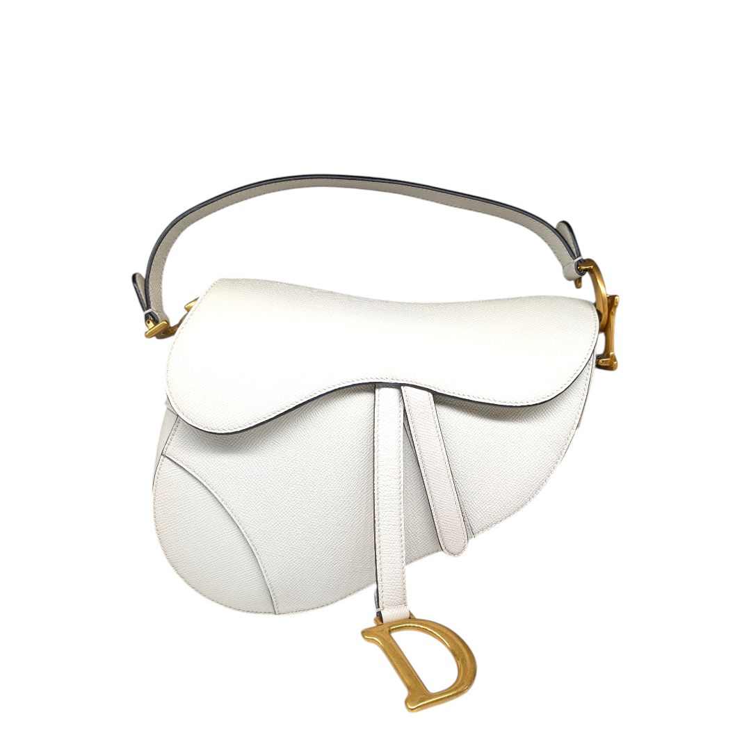 Christian Dior White Grained Calfskin Medium Saddle